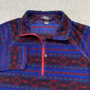 Eddie Bauer Womens Fleece Pullover Medium Aztec‎ Print Quarter Zip Blue Red